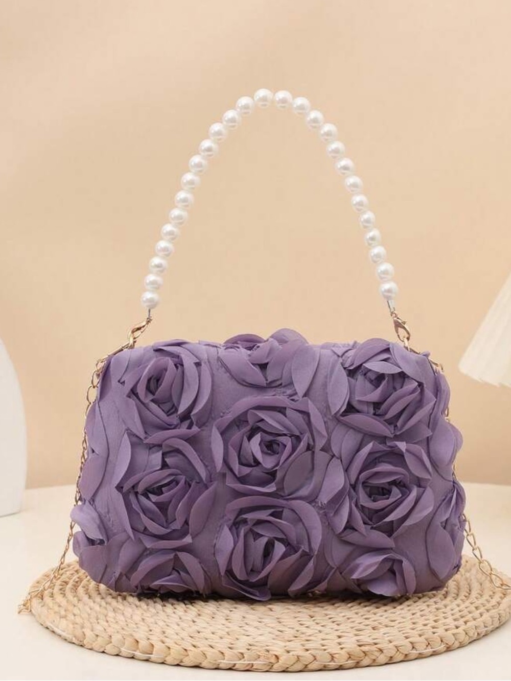 Elegant 3D Lilac Rose Pearl Shoulder Bag, Metal Chain Crossbody Bag
